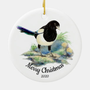 Aangepaste gedateerde kerst ekster tuin vogel keramisch ornament