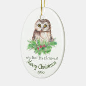 Aangepaste gedateerde kerst grappige uil citaat keramisch ornament (Links)