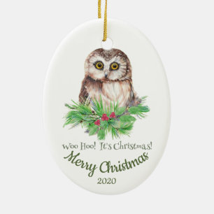 Aangepaste gedateerde kerst grappige uil citaat keramisch ornament