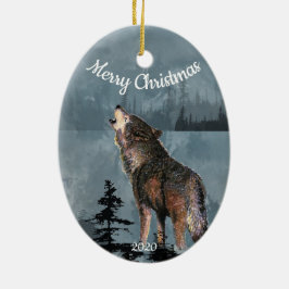 Aangepaste gedateerde kerst Howling Wolf Waterverf Keramisch Ornament