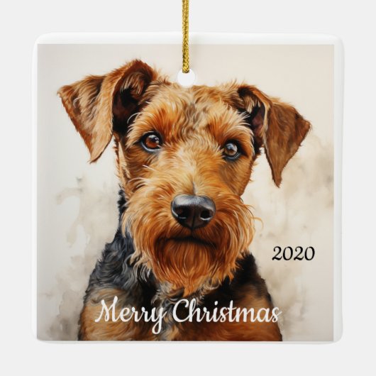 Aangepaste gedateerde kerst Waterverf Airedale Ter Keramisch Ornament (Achterkant)