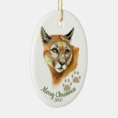 Aangepaste gedateerde kerst Waterverf Cougar Anima Keramisch Ornament (Rechts)