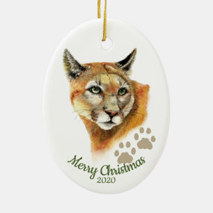 Aangepaste gedateerde kerst Waterverf Cougar Anima Keramisch Ornament