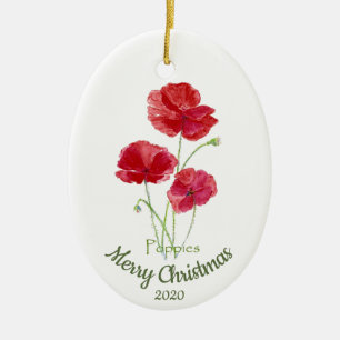 Aangepaste gedateerde kerst Waterverf Poppy Flower Keramisch Ornament