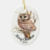 Aangepaste gedateerde kerst Waterverf Uil in Tree Keramisch Ornament (Achterkant)