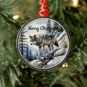 Aangepaste gedateerde kerst Wolf Animal Brother Metalen Ornament