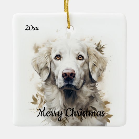 Aangepaste gedateerde Kerstmis Grote Pyreneeën Hon Keramisch Ornament (Voorkant)