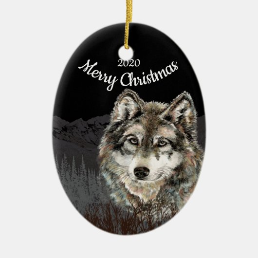 Aangepaste gedateerde Kerstmis Wolf Mountain Keramisch Ornament (Voorkant)