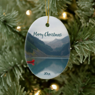 Aangepaste gedateerde Lake Peaceful Red Canoe Boat Keramisch Ornament