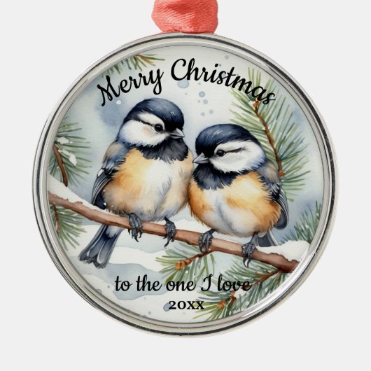 Aangepaste gedateerde Schattigee Chickadee BirdsOn Metalen Ornament (Voorkant)