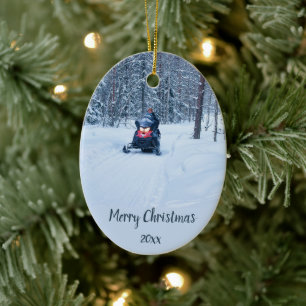 Aangepaste gedateerde Skidoo Sneeuw Mobiele Winter Keramisch Ornament