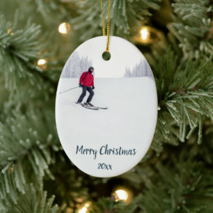 Aangepaste gedateerde sneeuw skiën skiër winterspo keramisch ornament