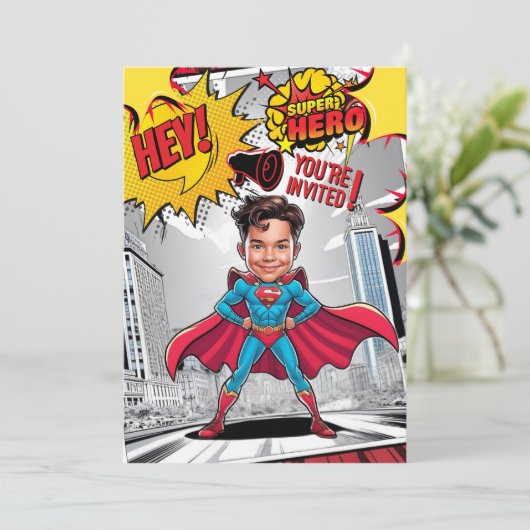 Aangepaste gele en rode Superheld karikatuur Kaart (Staand voorkant)