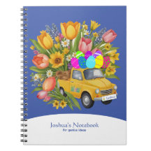 Aangepaste gele vrachtwagen met paaseieren bloemen