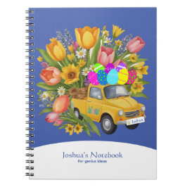 Aangepaste gele vrachtwagen met paaseieren bloemen notitieboek