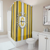 Aangepaste gele zwarte strepen monogram douchegordijn (In situ)