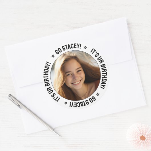 Aangepaste gepersonaliseerde tekstbericht en foto ronde sticker (Envelop)