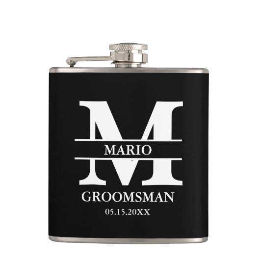 Aangepaste getuige bruidegom trouw monogram Zwart Heupfles (Voorkant)