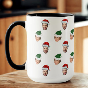 Aangepaste Gezicht 2 Foto's Santa Hat Kerstcadeau Mok