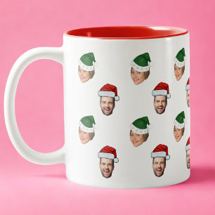 Aangepaste Gezicht 2 Foto's Santa Hat Kerstcadeau Tweekleurige Koffiemok