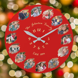Aangepaste gezinsfotocollage Kerstmis Rood Grote Klok