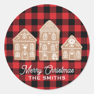 Aangepaste Gingerbread House Buffalo Check Mountai Ronde Sticker