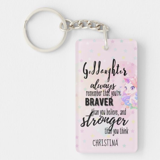 Aangepaste GODDAUGHTER Motivatie Quote Pink Unicor Sleutelhanger (Voorkant)