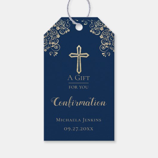 Aangepaste Gold Cross-bevestiging blauw Cadeaulabel (Voorkant)
