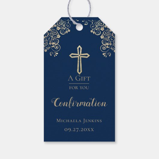 Aangepaste Gold Cross-bevestiging blauw Cadeaulabel (Achterkant)