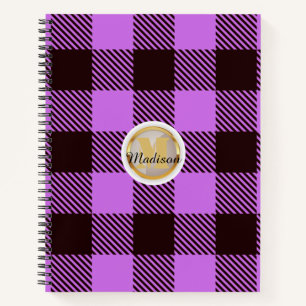 Aangepaste Gold monogram naam Chic Orchid Tartan Notitieboek