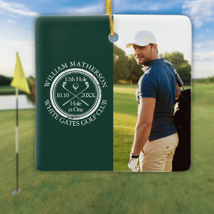 Aangepaste Golf Hole in One Foto Golfer Smaragd Keramisch Ornament