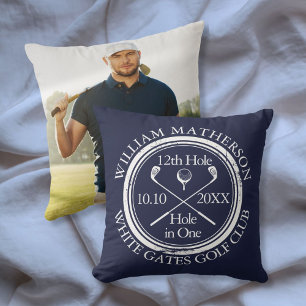 Aangepaste golf hole-in-one foto navyblauw kussen