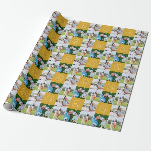 Aangepaste Golf Multi Foto Monogram Vaderdag Cadeaupapier (Uitgerold)