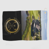Aangepaste golfclub naam en foto zwart en goud golfhanddoek (Horizontaal)