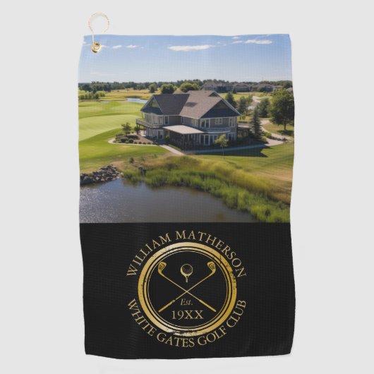 Aangepaste golfclub naam en foto zwart en goud golfhanddoek (Voorkant)