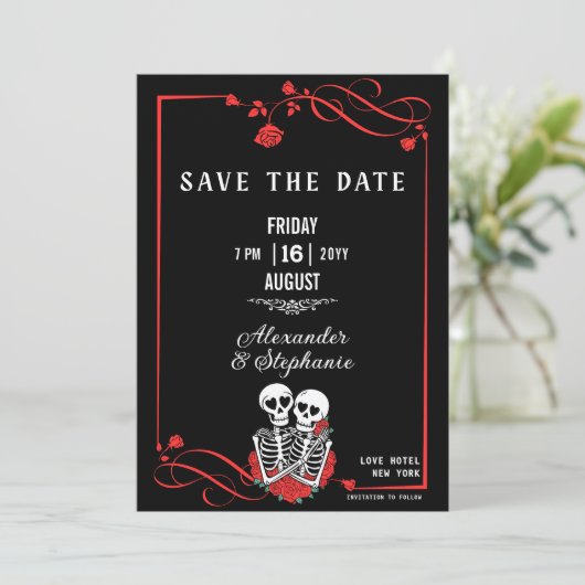 Aangepaste gotische Schedel & Roos Save The Date (Staand voorkant)