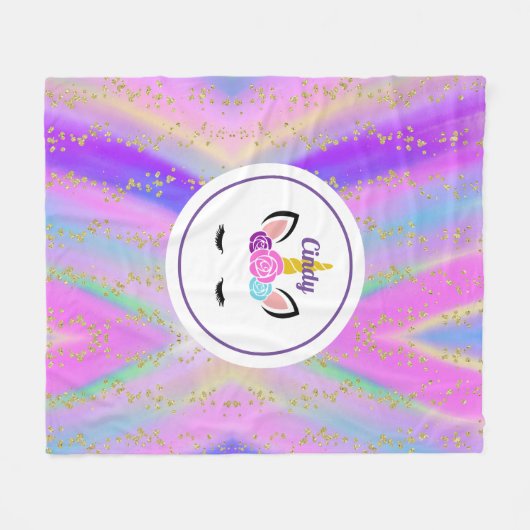 Aangepaste gouden bespikte kleurrijke Unicorn Fleece Deken (Voorkant (Horizontaal))