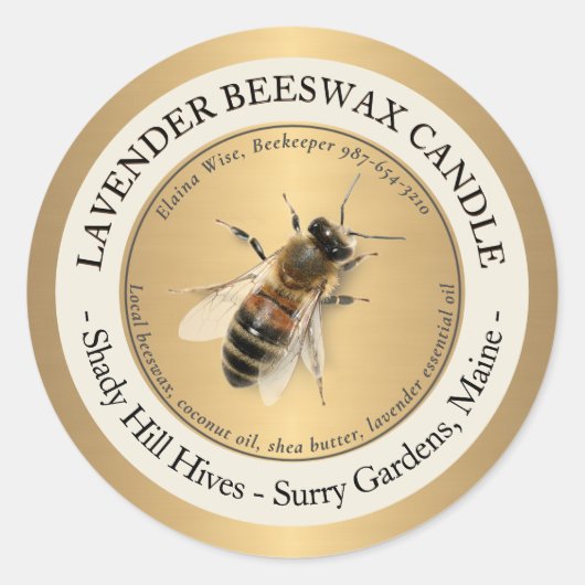 Aangepaste Gouden Bijenwas Kaars Label Honey Bee (Voorkant)