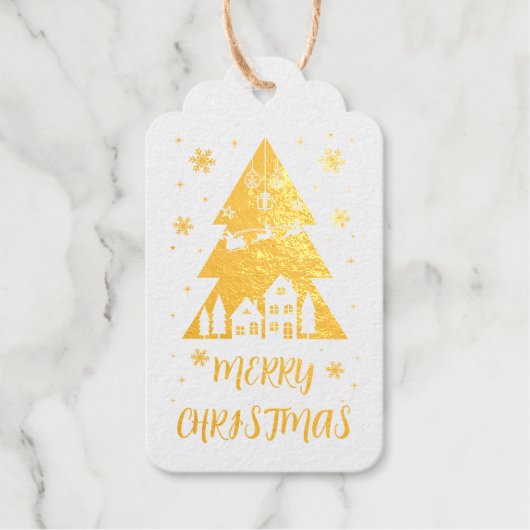 Aangepaste gouden kerstboom ontwerp met slee cadeaulabels (Voorkant)