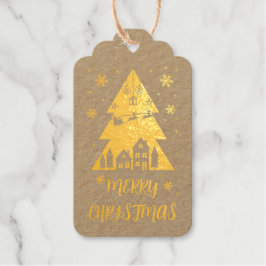 Aangepaste gouden kerstboom ontwerp met slee cadeaulabels