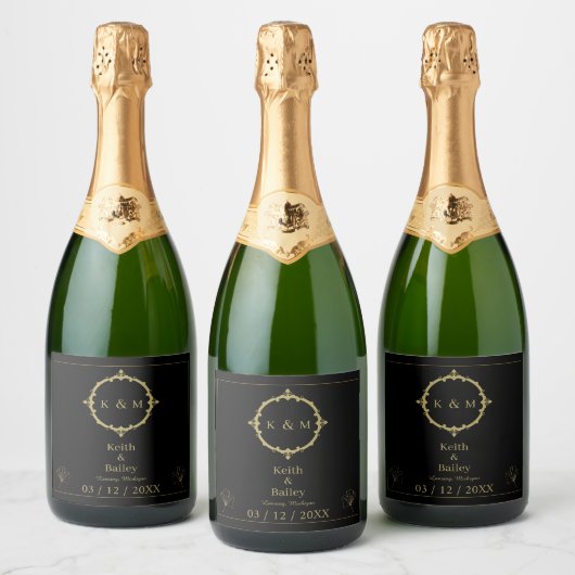Aangepaste Gouden Naam Monogram Zwart Mousserende Sparkling Wijnetiket (Flessen)