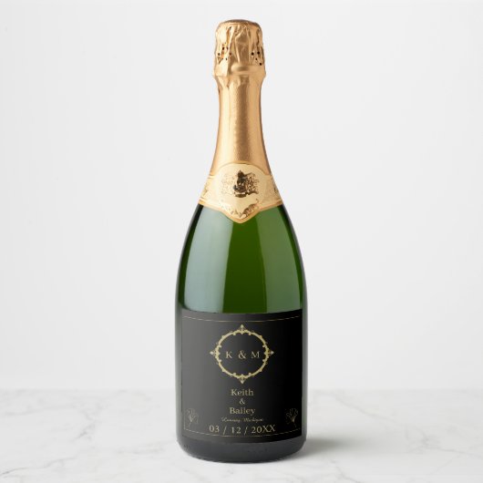 Aangepaste Gouden Naam Monogram Zwart Mousserende Sparkling Wijnetiket (Voorkant)