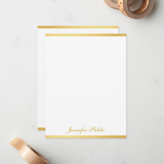 Aangepaste Gouden Wit Hand Script Verticale Sjablo Notitiekaartje (Voorkant / Achterkant in situ)