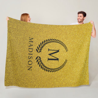 Aangepaste Gouden Zwarte en Goud Glitter Monogram Fleece Deken