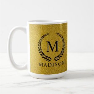 Aangepaste Gouden Zwarte en Goud Glitter Monogram Koffiemok