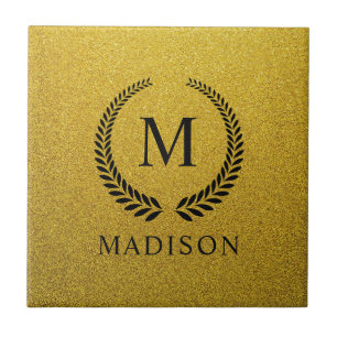 Aangepaste Gouden Zwarte en Goud Glitter Monogram Tegeltje