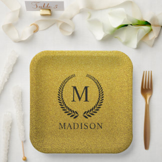 Aangepaste Gouden Zwarte en Gouden Glitter Monogra Papieren Bordje