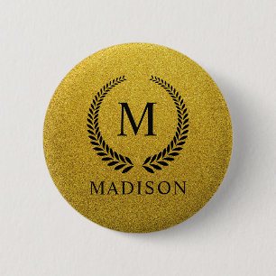 Aangepaste Gouden Zwarte en Gouden Glitter Monogra Ronde Button 5,7 Cm