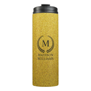 Aangepaste Gouden Zwarte en Gouden Glitter Monogra Thermosbeker