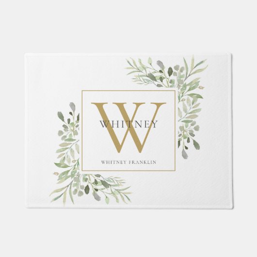 Aangepaste goudmonogram Floral Greenery Deurmat (Voorkant)